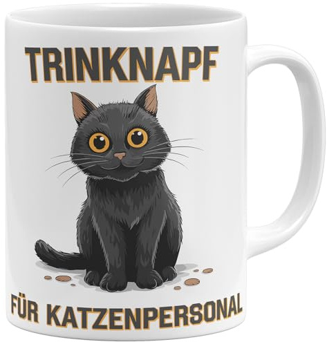 OM3® witzige Kaffee-Tasse mit Spruch - Trinknapf für Katzenpersonal - Katzenliebhaber Katze I - Keramik Becher - 325ml - Beidseitig Bedruckt - Weiss