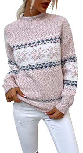 Norweger Pullover Damen Herbst Winter Strickpullover Langarm Winterpullover Warm Norwegermuster Sweatshirt Rundhals Sweater Jumpers Island Strickpulli Frauen Festliche Oberteile Pulli Damenpullover