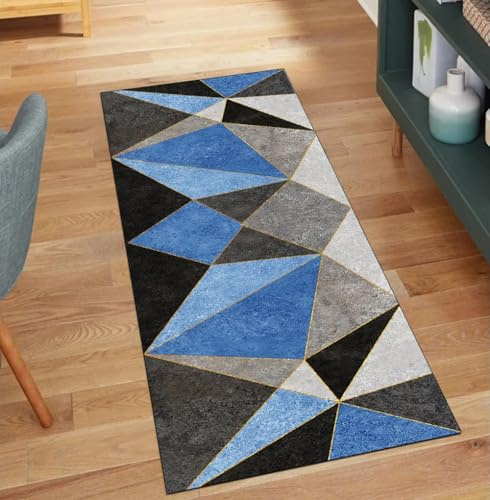 Tapis de couloir antidérapant pour couloir, bleu 80 x 180 cm, patchwork décoration d'intérieur, tapis lavable pour couloir