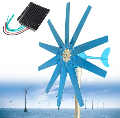 Eastnmythet Aerogenerador Azul de 10 Aspas, Generador de Viento de Imán Permanente de CA Trifásico con Controlador, Generador de Viento para Uso Marítimo, Doméstico, Agrícola y Barcos,12V