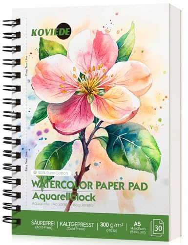 KOVIEDE Bloc de papier aquarelle 100% coton A5 - Grain fin, 300 g/m², reliure spirale, carnet de croquis aquarelle de qualité professionnelle pour adultes et enfants