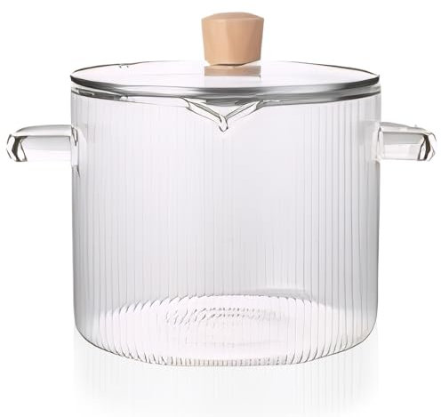 Glass Cooking Pot with Lid, 2.3L/78 Oz Heat Resistant Borosilicate Glass Ribbed Pot with Handles, Clear Cookware Simmer Safe for Soup, Milk, Baby Food