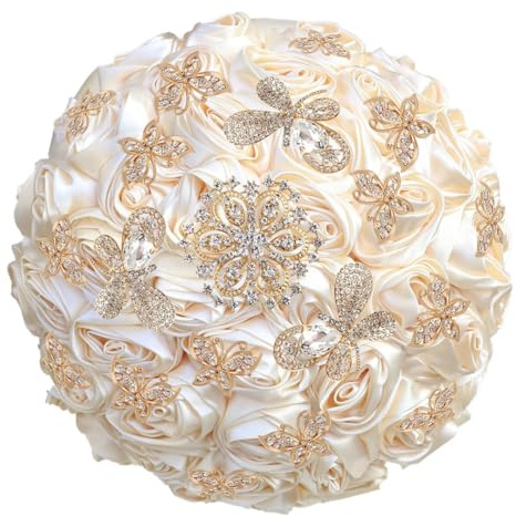 JYBNBBE Bouquet de Fleurs à Main en Ruban de Rose Rouge avec Strass et Papillon, Bouquet Multicolore pour Chapelle de Mariage, Lilas,Apricot