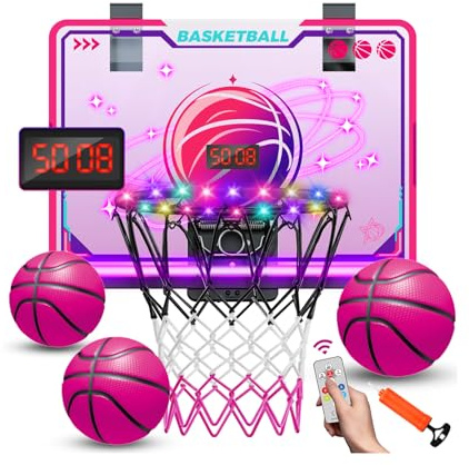 VATOS Basketball Hoop for Girls Indoor, LED Basketball Hoop with 7 Color Lights, Glowing Rim, Scoreboard & Remote Controller, Basketball Set Sports Toys Birthday Gifts for Girls Kids Teens 5-12