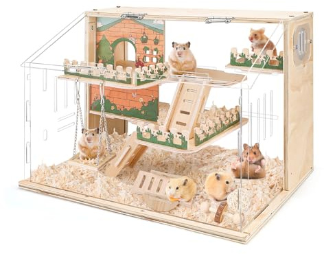 Hamsterkäfig Holz Groß 40.6 cm 3-lagiger Acryl Hamsterkäfig Kleintierkäfig mit Plattform und Laufstall für Direkte Beobachtung, Haustierbedarf
