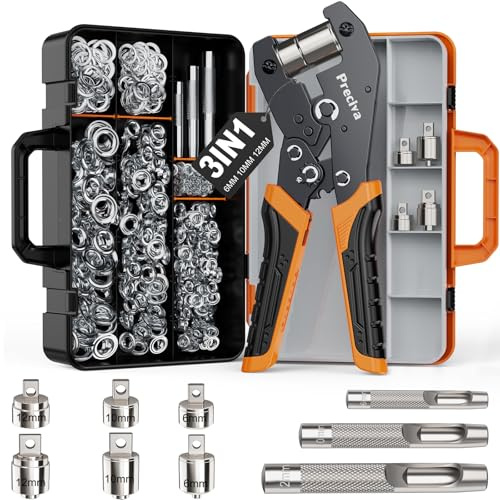 Preciva 6/10/12 Eyelet Punch Kits,Eyelet Punch Kit with 3 Sizes-300PCS Complete Eyelet,Hole Punch Kit for DIY Tarpaulin Ring Repair and Installation,for PVC Banners