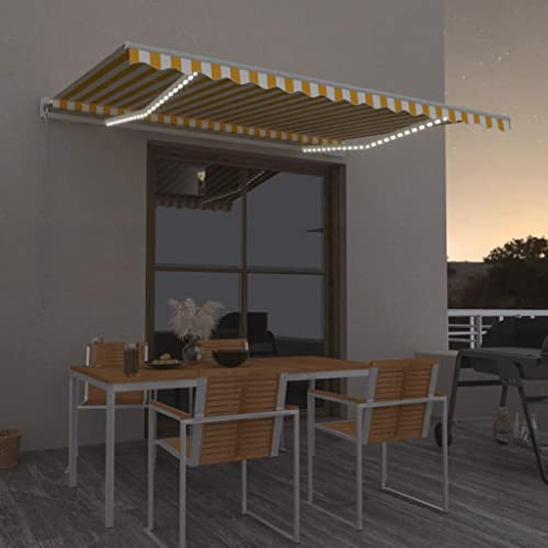 Qnhdfrt Store à pince pour balcon et terrasse - 450 x 350 cm - Jaune et blanc - Avec éclairage LED solaire - Protection solaire rétractable en aluminium pour jardin