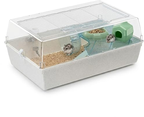 Ferplast Duna hamster, bur för hamstrar och möss, modulär livsmiljö med hjul, bo, dricksflaska och hylla, genomskinligt lock, 71 x 46 x h 31 cm