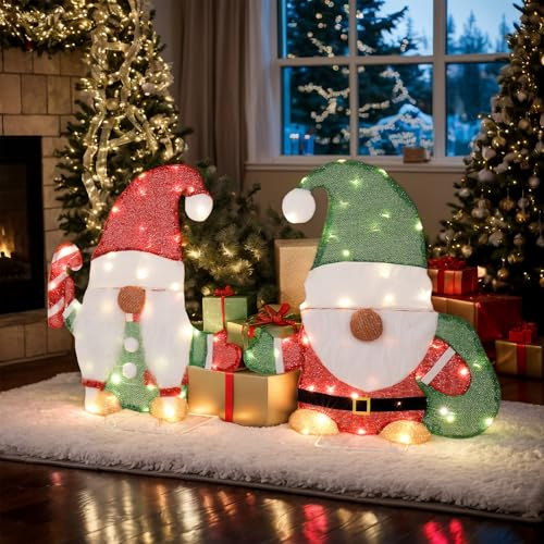 Outopee Set of 2 Lighted Christmas Gnomes Decorations with 80 LED Lights | Waterproof 2D Gnome, Pre-Lit Christmas Ornament Decor for Indoor Outdoor Festive Xmas Holiday Garden Yard Lawn