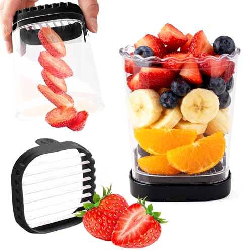 Strawberry Slicer with Stainless Blades, Fruit Cup, Strawberries Cutter, Detachable and Easy Food Preparation Tool, Precision Slicing Gadget for Mushroom, Bananas, Grape, Mango and More