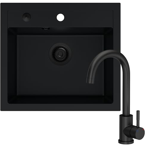 SINK QUALITY lavello nero con rubinetto, 56 x 51 cm, set di lavello in granito con rubinetto da cucina, sifone nero e impregnante, lavello per sottolavelli a partire da 60 cm di larghezza, lavabo per