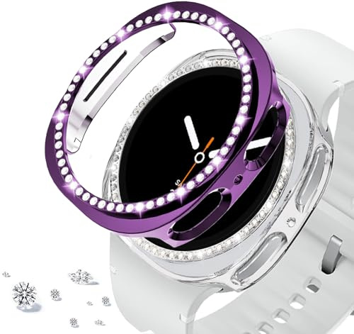 DEALELE [2-pack] klockfodral kompatibelt med Samsung Galaxy Watch 8 44 mm, bling, en rad diamant strass, PC skyddande fodral, ersättning klockskydd, stötfångare (44 mm, lila transparent)