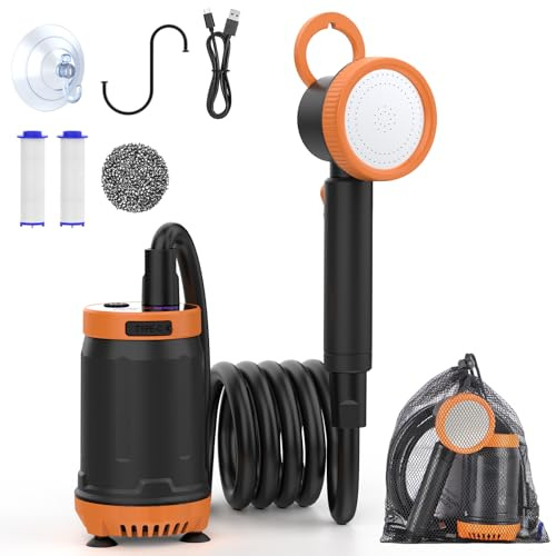 Ducha Portatil Camping con Pantalla de Temperatura y Potencia, 8000mAh Recargable para Exteriores, Modo de 5 Velocidad, Electrica Ducha Camper para Baño Playa Viajes Jardín Furgoneta (Negro Naranja)