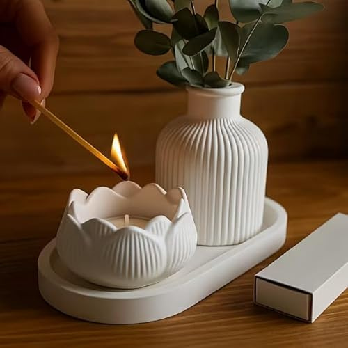 Handgemachtes Deko Set – Tablett mit Vase & Kerzenglas – Tischdeko Wohnungsdeko – Dekotablett mit Keramikvase und Kerzenhalter für Wohnzimmer & Geschenkidee (Set)