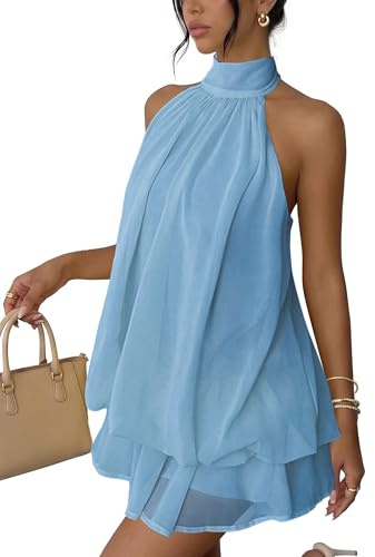 Xiaoliny Vestito Donna Elegante Senza Maniche Mini Abito con Scollo Halter e Volant Estivo Vestiti Ampio in Chiffon Sexy Abiti Schiena Scoperta con Laccio Vestito Corto per Festa Discoteca Cocktail
