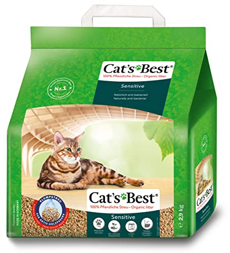 Cat's Best Sensitive, 100 % pflanzliche Katzenstreu, fest klumpend und antibakteriell aus veredelten Aktiv-Holzfasern – speziell für empfindliche Katzen, 2,9 kg/8 l