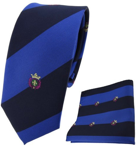 TigerTie - schmale Designer Krawatte + Einstecktuch blau saphirblau dunkelblau gestreift mit Wappen gemustert