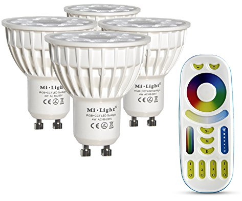 lighteu®, 4x 4W GU10 RGB + CCT LED-Strahler Farbwechsel und CCT WW CW Temperatur einstellbar, original Mi-Light, Glühlampe mit 4-Zonen-Fernbedienung (4x FUT103 + FUT092)