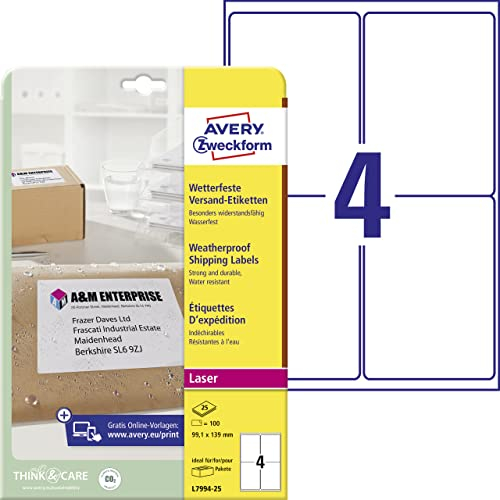 AVERY Zweckform L7994-25 wetterfeste Versandetiketten/ Versandaufkleber (100 Etiketten, 99,1x139mm auf A4, bedruckbar, selbstklebend, für Pakete, Päckchen und Versandrollen) 25 Blatt, weiß