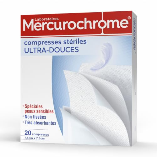 MERCUROCHROME - Sterile Kompressen, ultraweich, Vlies, speziell für empfindliche Haut, sehr saugfähig, Wundreinigung, 7,5 x 7,5 cm, Box mit 20 Kompressen