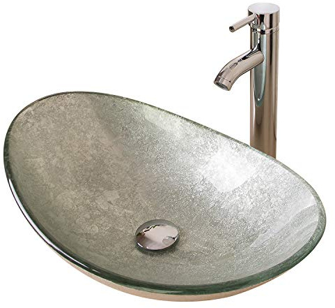 21.7L × 14.2W × 6.3H Tempered Glass Vessel Sink Set – Boat-Shaped Wash Bowl with Chrome Faucet & Pop-Up Drain Stopper