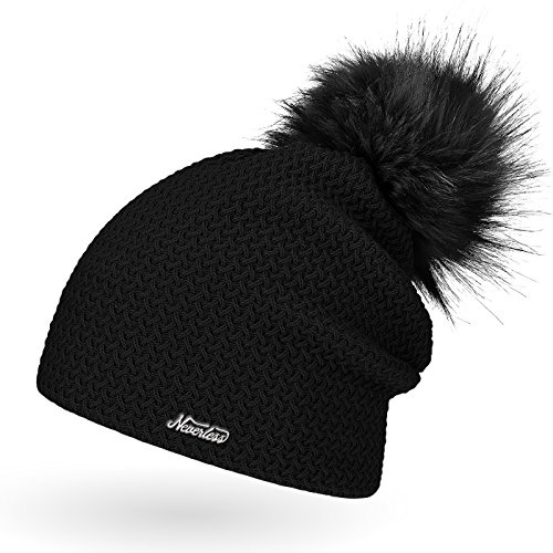 Neverless Damen Strickmütze mit Fell-Bommel, Kunstfell Winter-Mütze, Bommelmütze