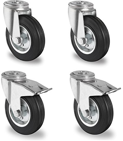 Abrollwerk 4er Set Transportrollen 100 mm – Gummi Lenkrollen mit & ohne Bremse – Schwerlastrollen für Industrie & Möbel – leise, mit Stopper, Anschraubloch, 250 kg Tragkraft je Set