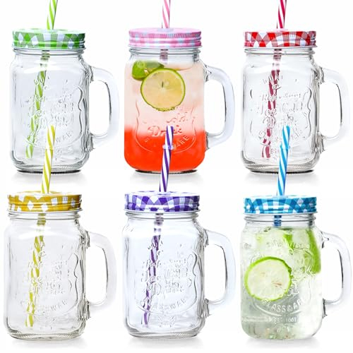 Mooin Joinin 6 X Jam Jar Glasses Mason Jars with Handle Lid Straw Juice Drink Glass Drinking 500ml Set