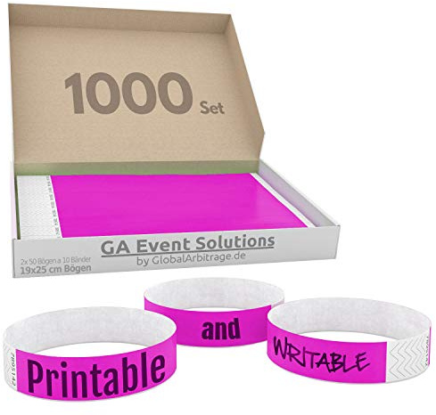 1000 pinke GA Event Solutions Einlassbänder – nummerierte Eintrittsbänder für Events, Festivals und Partys – Kontrollarmbänder mit Sicherheitsverschluss – bedruckbar