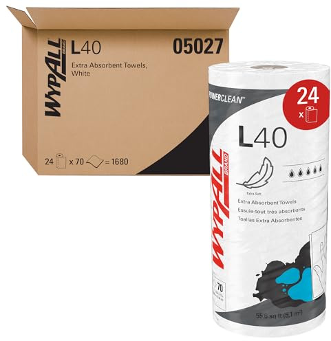 WypAll PowerClean L40 Cloths Extra Absorbent Wipes (05027), Bulk Paper Wipers, White (70 Sheets/Roll, 24 Rolls, 1,680 Sheet Total)