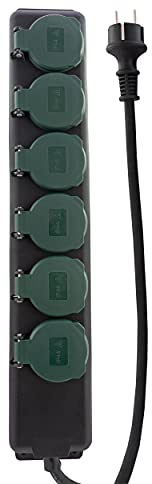 REV Steckdosenleiste - Mehrfachsteckdose 6-Fach IP44, ideal für Garten & Terrasse, Kabel 1,4m, max. 3500W, schwarz-grün