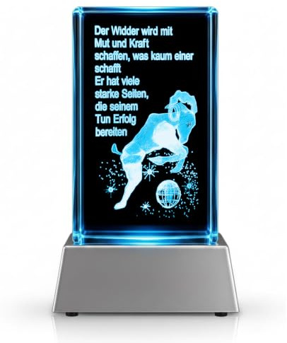 Kaltner Präsente Sternzeichen Widder Glasblock LED Kristall Geschenk mit Spruch – dekoratives Nachtlicht Raumlicht für Geburtstag Geschenkidee