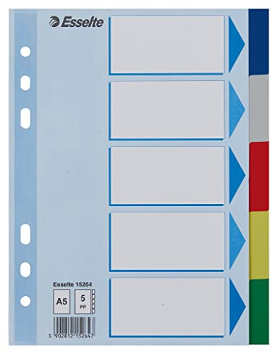 Esselte Register für A5, Deckblatt und 5 Trennblätter mit Taben, Mehrfarbig, Robuster Kunststoff, 15264
