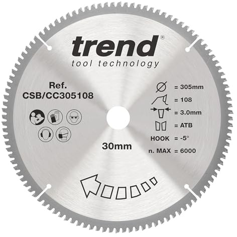 Trend Wood Mitre Saw Blade, 305mm Diameter, 30mm Bore, 108 Teeth, 3mm Kerf, -5° Hook, TCT, Extra-Fine Finish, CSB/CC305108