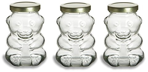 Nakpunar 9 oz Glass Bear Jars with Lids for Honey, Candies, Piggy Banks (3, Gold)