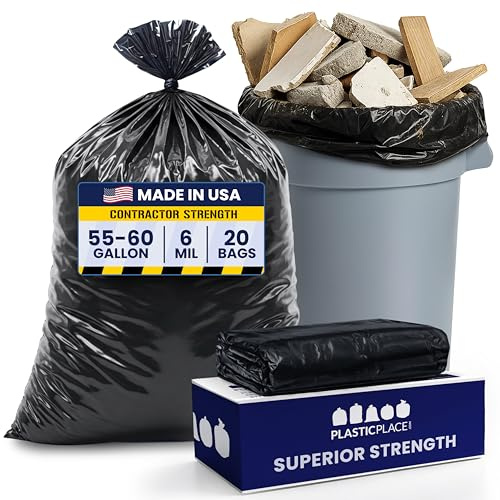 Plasticplace Bolsas de basura para contratistas de 55-60 galones, 6.0 mil, bolsa de basura negra resistente, 36 x 58 pulgadas (20 unidades) (CON55X620A)
