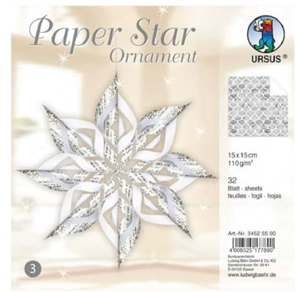Ursus 34525500 - Paper Star Ornament 3, silber, 32 Blatt, ca. 15 x 15cm, 110 g/qm, vorgestanztes, hochwertiges Bastelpapier mit edlem Perleffekt, folienveredelt, einseitig bedruckt