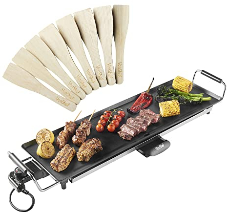 VonShef Teppanyaki Grill XL - 2000W Electric Griddle with Non-Stick Plate, Easy Clean BBQ Table Top Grill, Adjustable Temperature, Oil Drip Tray & 8 Spatulas - Meat, Vegetables & Fish, 70x23x10cm