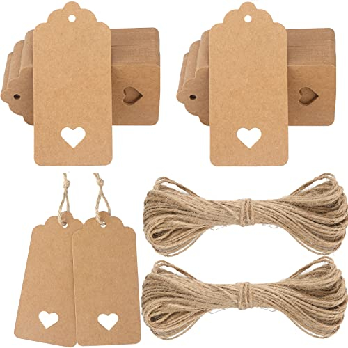 G2PLUS 100stk Geschenk Anhänger Braun, 4.5x9.5CM Kraftpapier Etiketten Tags, 300g/m² Geschenkanhänger Etiketten Herz mit Schnur für Hochzeit Geschenke zum Basteln