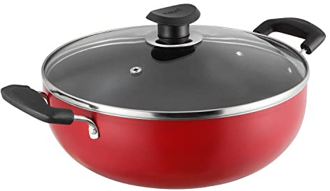 Vinod Zest Non-Stick Deep Kadai Wok with Glass Lid - Frying & Curry Cooking Pot, 3mm Thick 3-Layer Coating,Induction & Gas Compatible, Metal Spoon Friendly (22 cm. Diameter - RED - 2.6 LTR)
