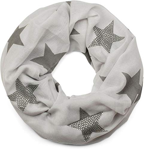 styleBREAKER Loop Schal mit Sterne Muster und edler Strass Applikation, Schlauchschal, Tuch, Damen 01018086, Farbe:Hellgrau-Grau (One Size)