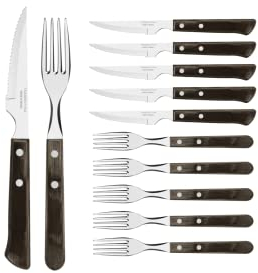 Tramontina 29899-222 Steakbesteck Spanish Style, Set 12-teilig, mit 6 Steakmessern und 6 Steakgabeln, Edelstahl, Echtholzgriff in braun, FSC, AISI 420, Edelstahl, Echtholzgriff Braun