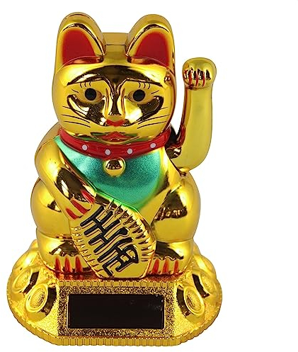 Freak Scene Glückskatze - Maneki-Neko - Winkekatze Solar - runder Sockel - 8 cm - Gold