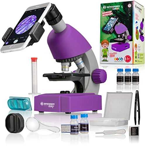 Bresser Junior Microscope pour enfants éclairage LED réglable support pour smartphone préparation de spécimens et échantillons préparés pour l'éducation et l'exploration microcosmique Violet
