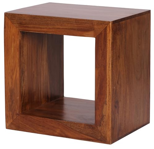 FineBuy Standregal 44x33x44 cm Sheesham Massivholz Cube Regal Braun | Beistelltisch aus Echtholz, Würfelregal für Wohnzimmer und Flur, auch als Nachttisch nutzbar, handgefertigtes Unikat