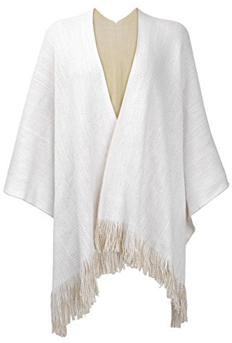 ZLYC Women Winter Knitted Shawl Poncho Warm Faux Cashmere Reversible Fringe Cape (White),One Size