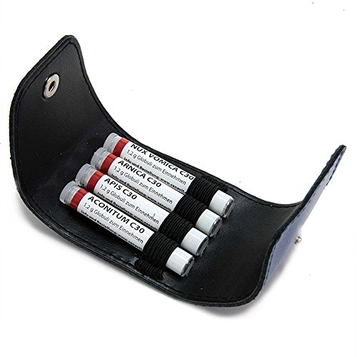 Sanavit Homöopathische Notfallapotheke C30 mit Aconitum, Apis Mellifica, Arnica und Nux Vomica – Leder Etui mit Schlüsselring – Blau