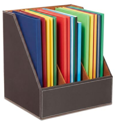 Osco Faux Leather 3 Slots Magazine File Holder, A4 Desk & Shelf Organiser for Documents, Brochures & Catalogues Storage with Felt Base, Magazine Rack for Home Office, Brown