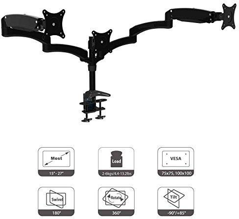 HFTEK® DS137SB Monitorarm - Triple - Halterung Halter Tischhalterung für 3 Bildschirme von 15 – 27 Zoll mit VESA 75/100