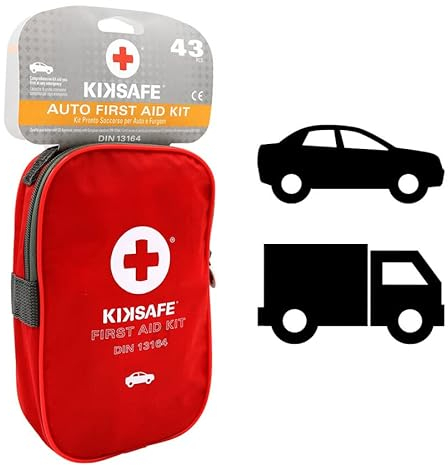 KIKSAFE K-N 0127184 Kit Pronto Soccorso Auto e Furgone a Norma DIN 13164, Cassetta Primo Soccorso 43 Pezzi Completa e Omologata CE per Emergenze Stradali, Viaggi e Uso Quotidiano